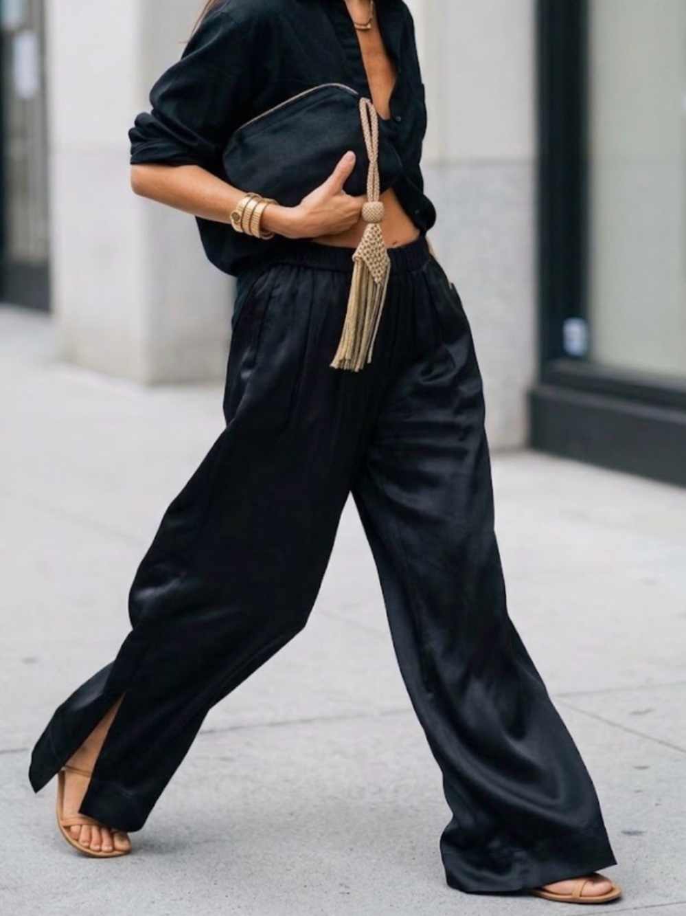 ANINE BING Aden Silk Blend Wide Leg Pants Black Elastic Waist Pull On Trousers